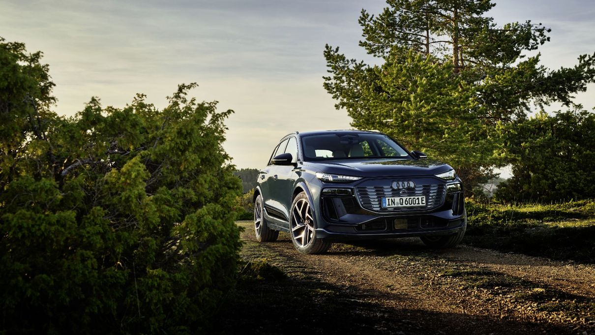Audi Q6 e-tron between two trees on a forest road